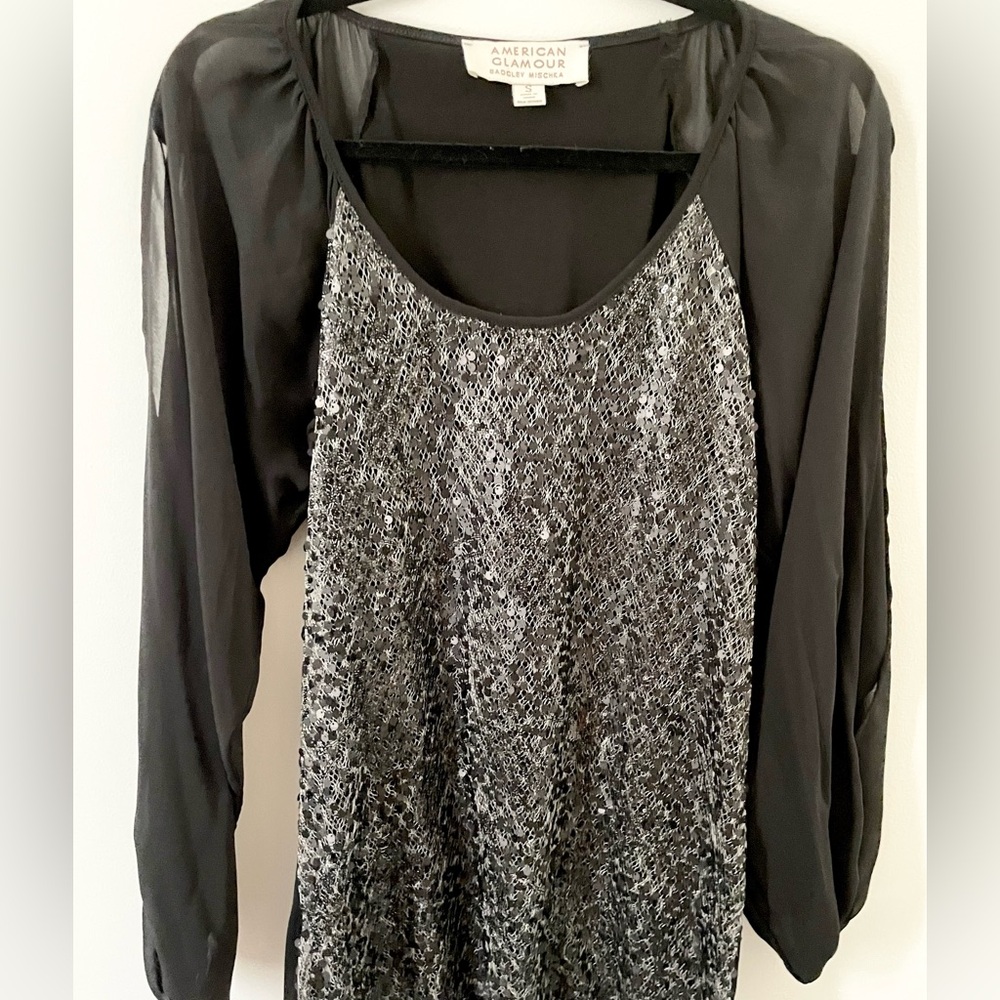 Badgley Mischka Black and Silver Sequin Sheer Top ✨